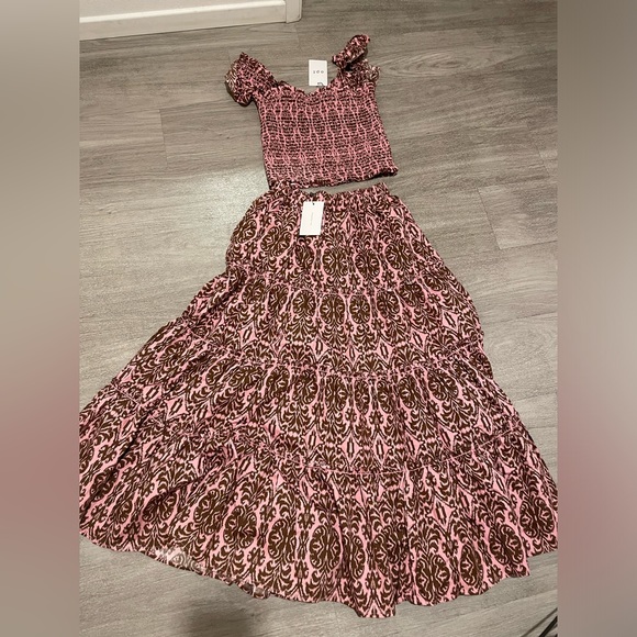NWT O.P.T. Smocked top and maxi skirt set pink brown S/M - Picture 4 of 11